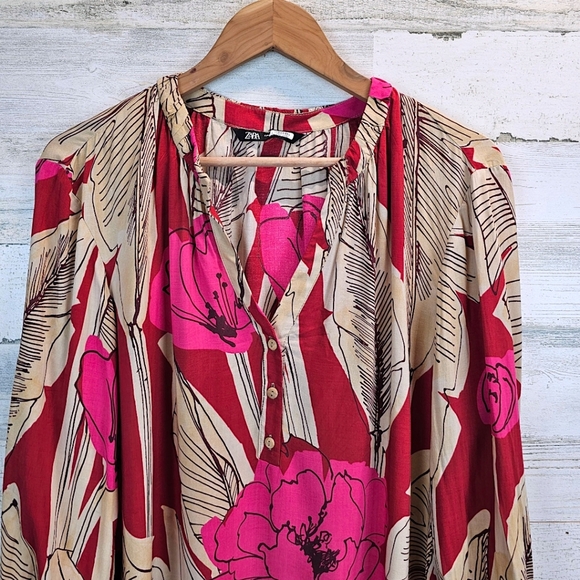 Zara Womens Tropical Floral V-Neck Top Medium Red Relaxed Beachy Coconut Girl - Picture 7 of 12